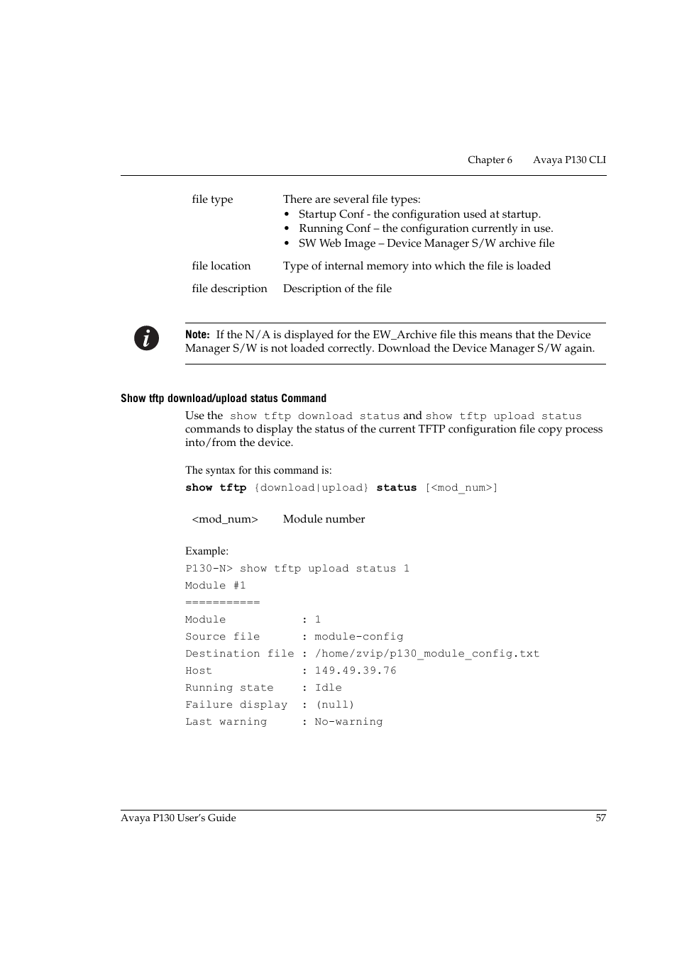Show tftp download/upload status command | Avaya P130 User Manual | Page 71 / 160