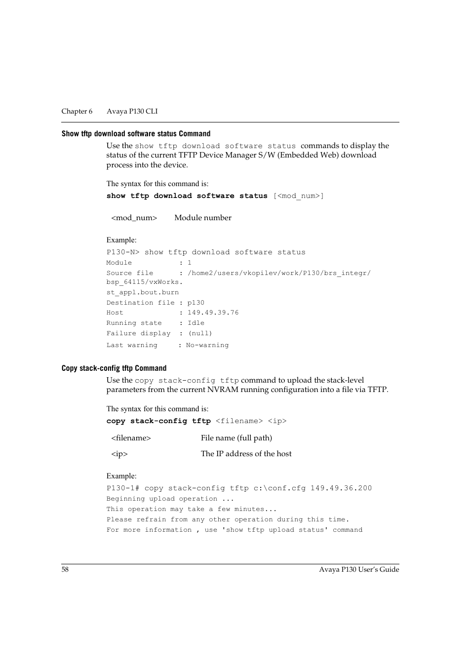 Show tftp download software status command, Copy stack-config tftp command | Avaya P130 User Manual | Page 72 / 160