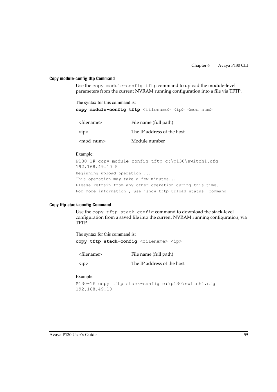 Copy module-config tftp command, Copy tftp stack-config command | Avaya P130 User Manual | Page 73 / 160