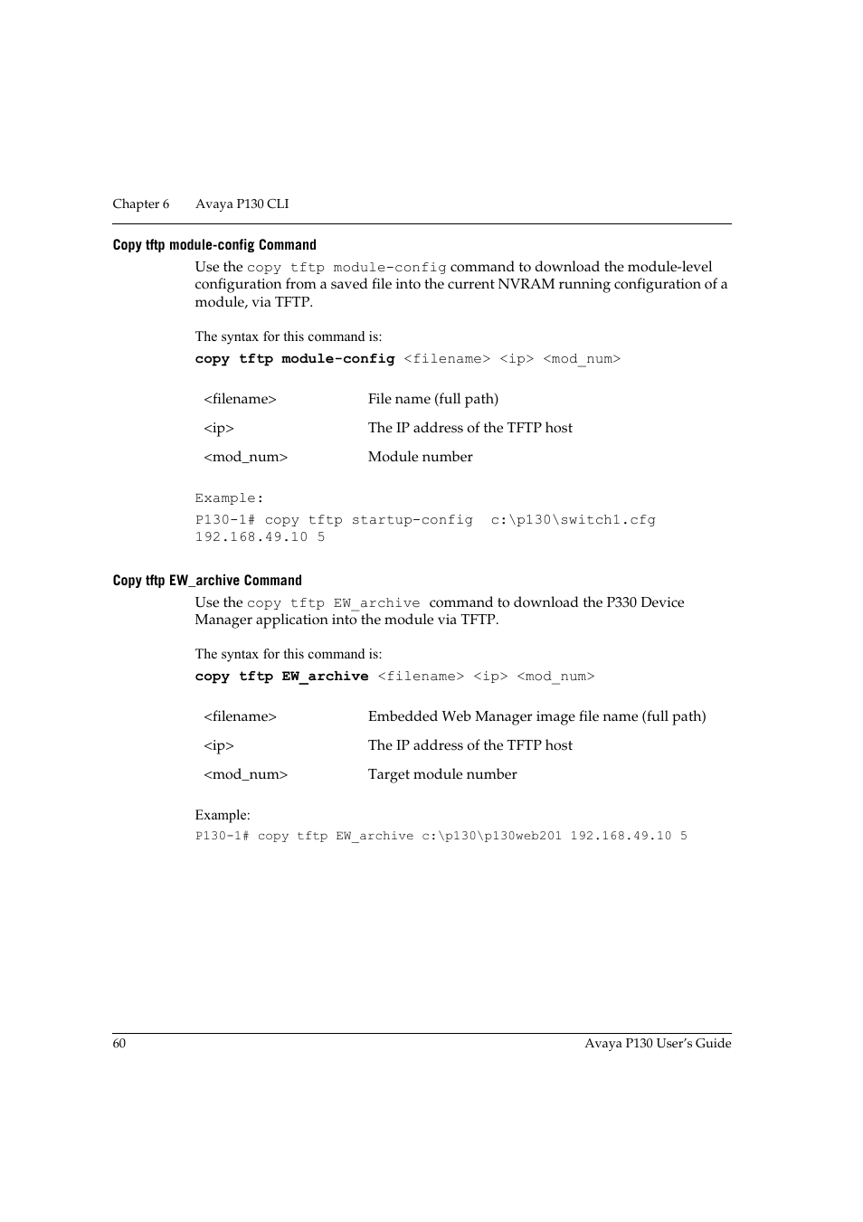 Copy tftp module-config command, Copy tftp ew_archive command | Avaya P130 User Manual | Page 74 / 160
