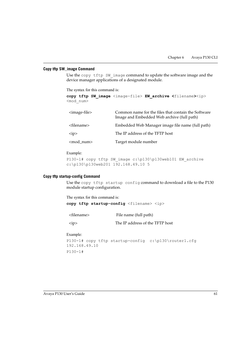 Copy tftp sw_image command, Copy tftp startup-config command | Avaya P130 User Manual | Page 75 / 160