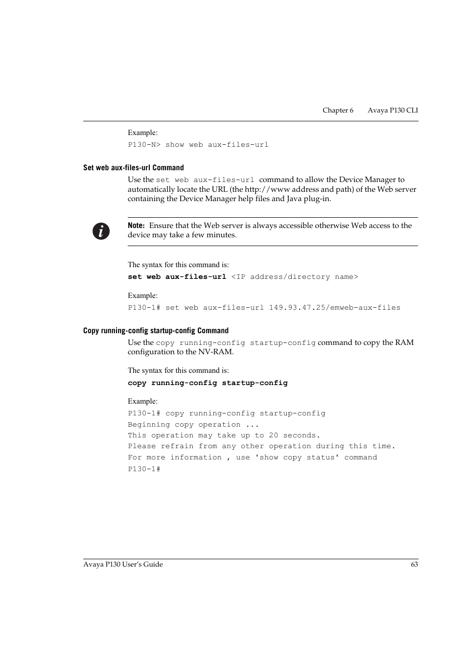 Set web aux-files-url command, Copy running-config startup-config command | Avaya P130 User Manual | Page 77 / 160