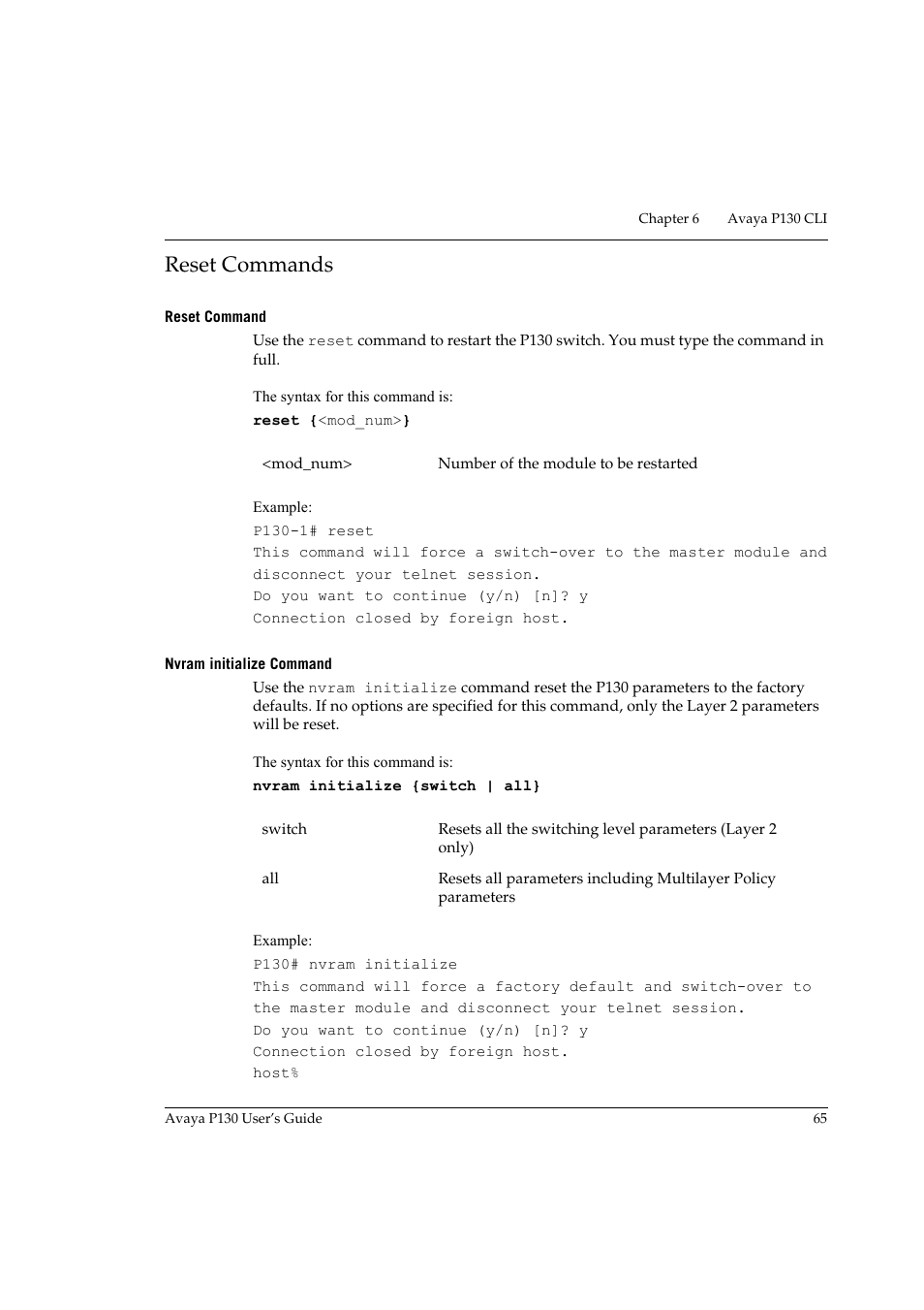 Reset commands, Reset command, Nvram initialize command | Reset command nvram initialize command, Age 65 | Avaya P130 User Manual | Page 79 / 160