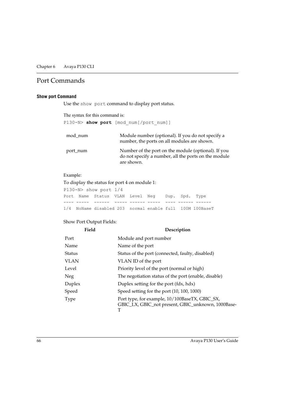 Port commands, Show port command, Age 66 | Avaya P130 User Manual | Page 80 / 160
