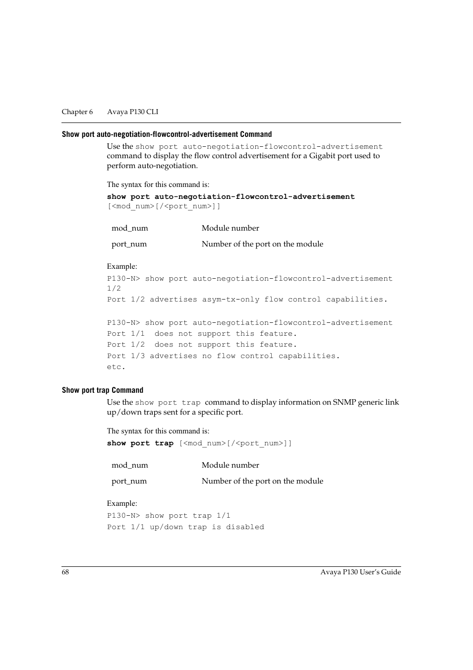 Show port trap command | Avaya P130 User Manual | Page 82 / 160