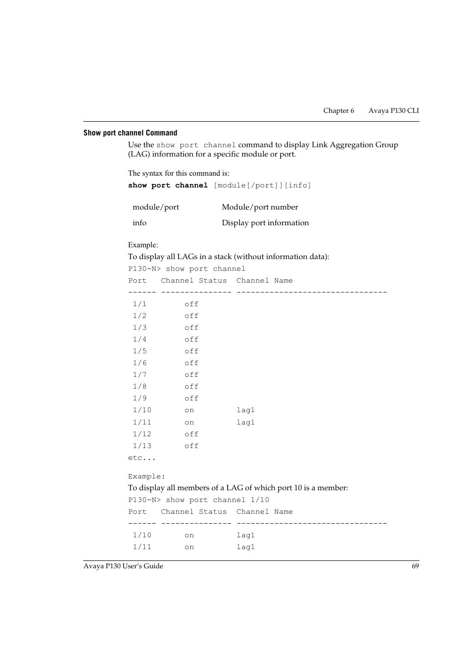 Show port channel command | Avaya P130 User Manual | Page 83 / 160