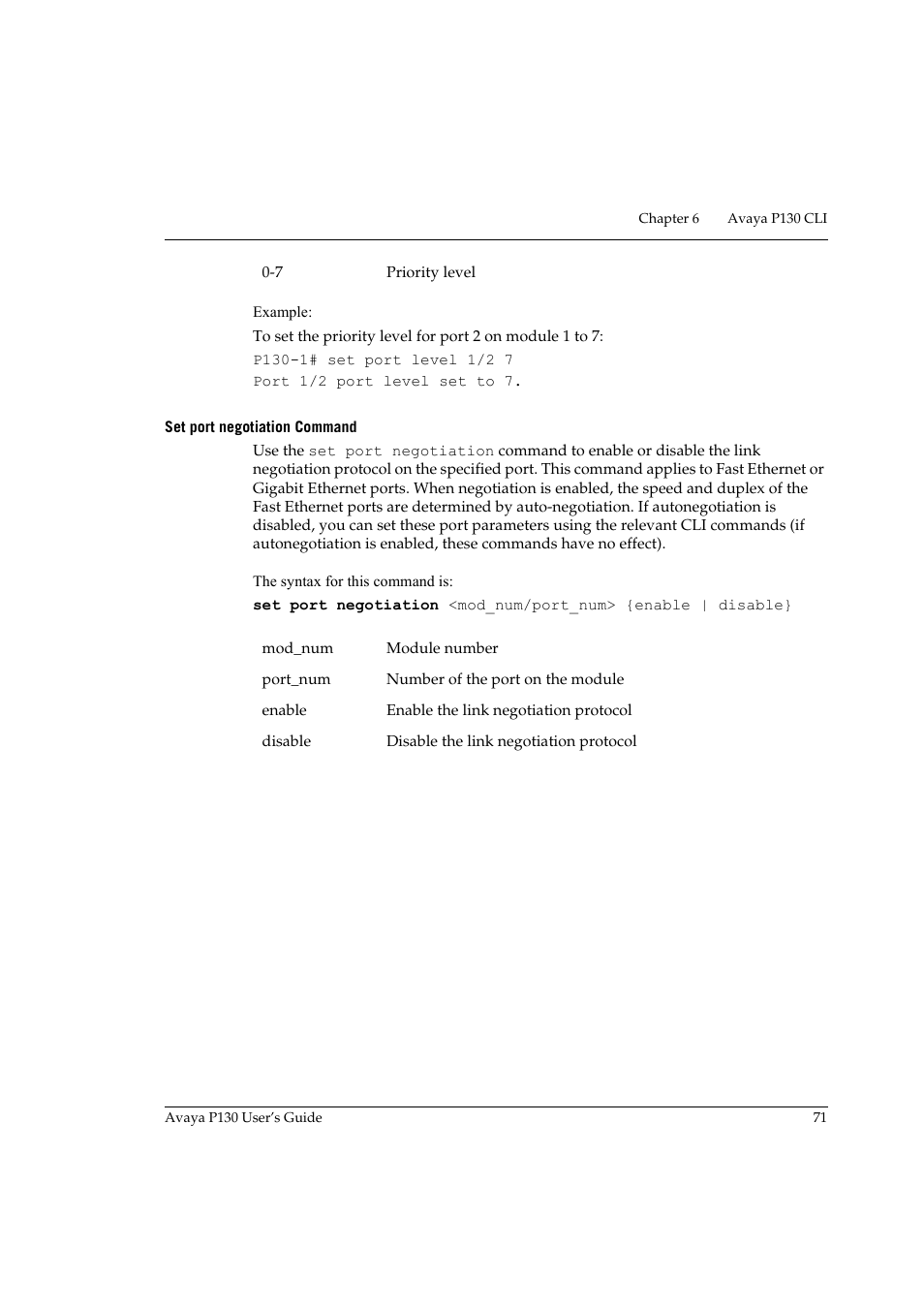 Set port negotiation command | Avaya P130 User Manual | Page 85 / 160