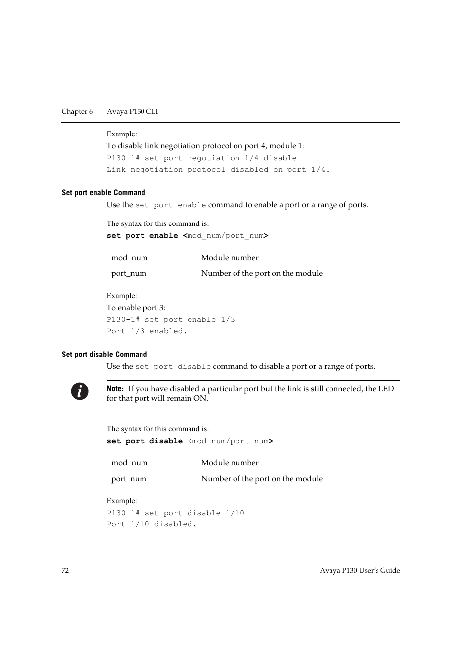 Set port enable command, Set port disable command, Set port enable command set port disable command | Avaya P130 User Manual | Page 86 / 160