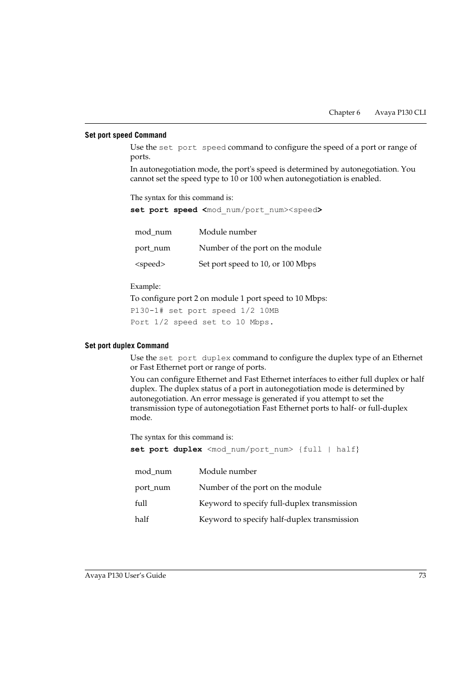 Set port speed command, Set port duplex command, Set port speed command set port duplex command | Avaya P130 User Manual | Page 87 / 160