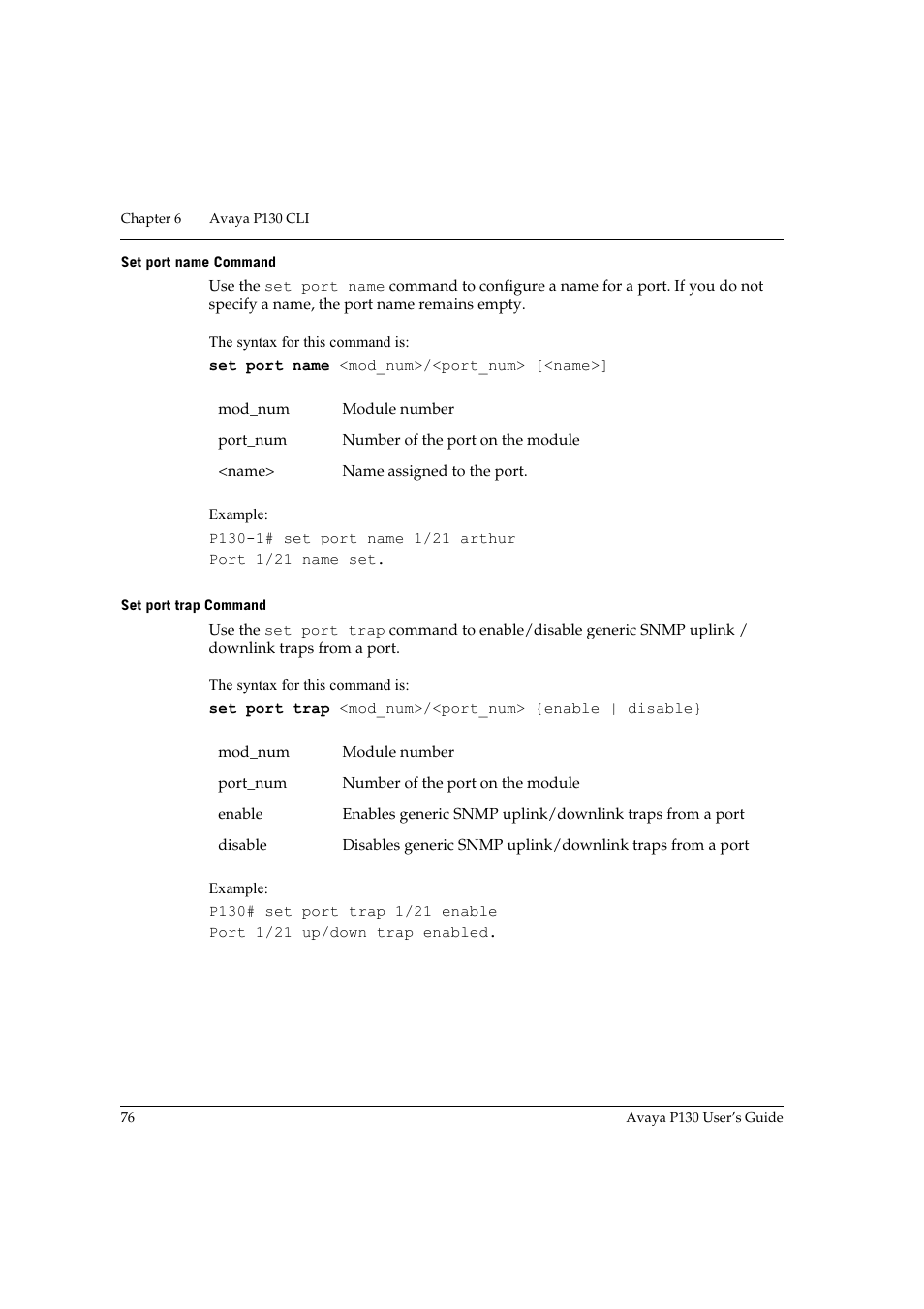 Set port name command, Set port trap command, Set port name command set port trap command | Avaya P130 User Manual | Page 90 / 160