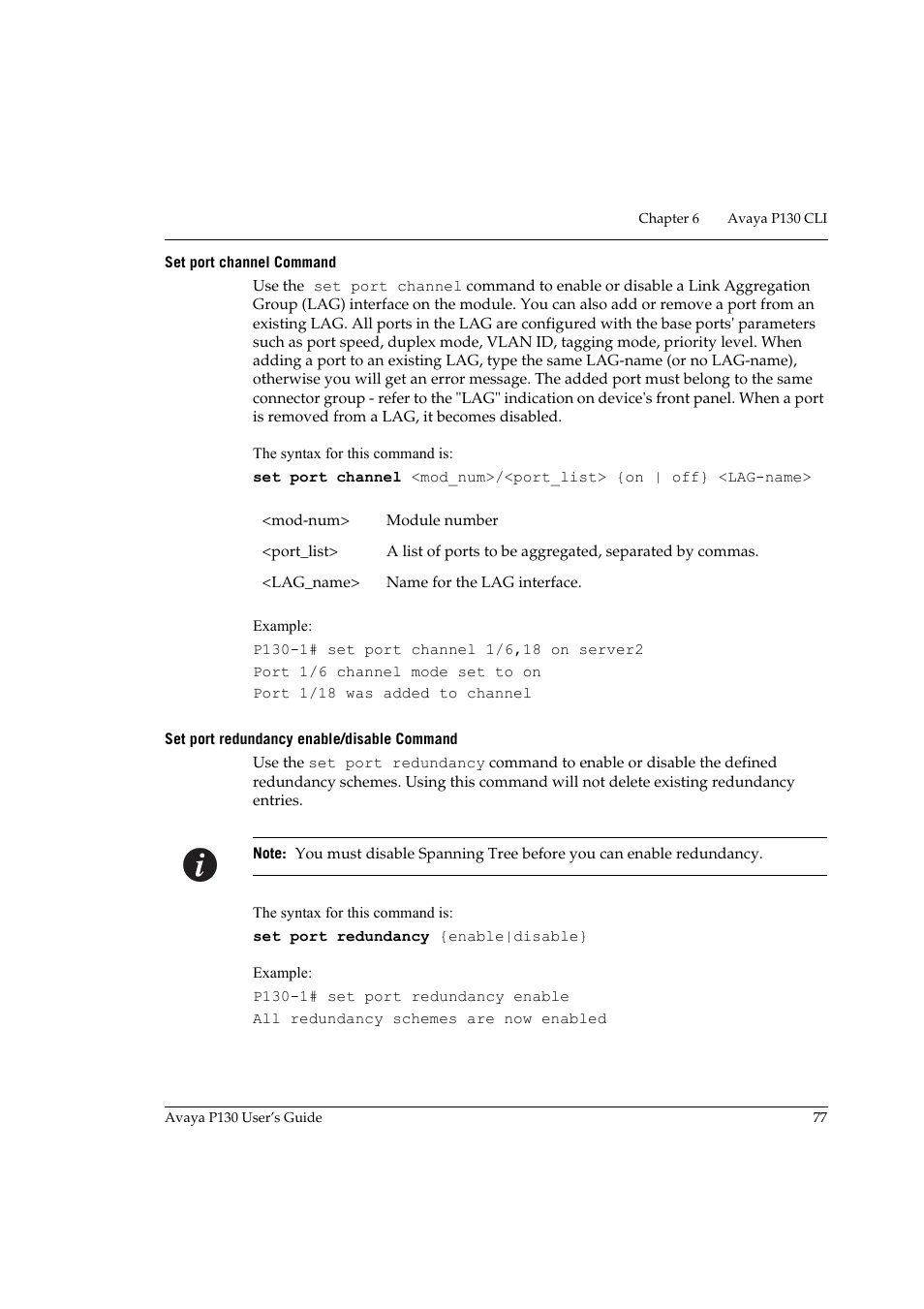 Set port channel command, Set port redundancy enable/disable command | Avaya P130 User Manual | Page 91 / 160