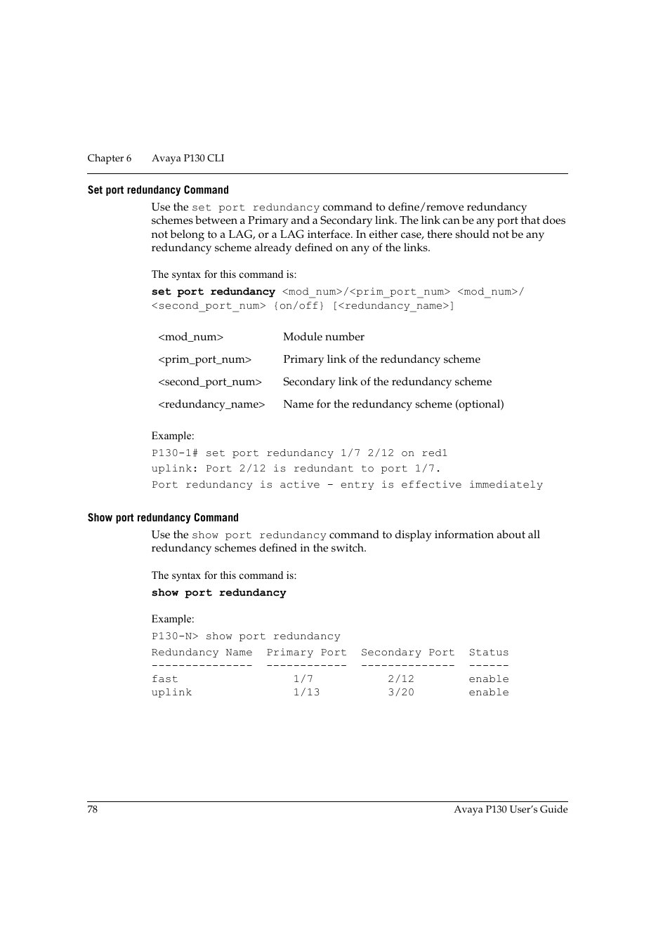 Set port redundancy command, Show port redundancy command | Avaya P130 User Manual | Page 92 / 160