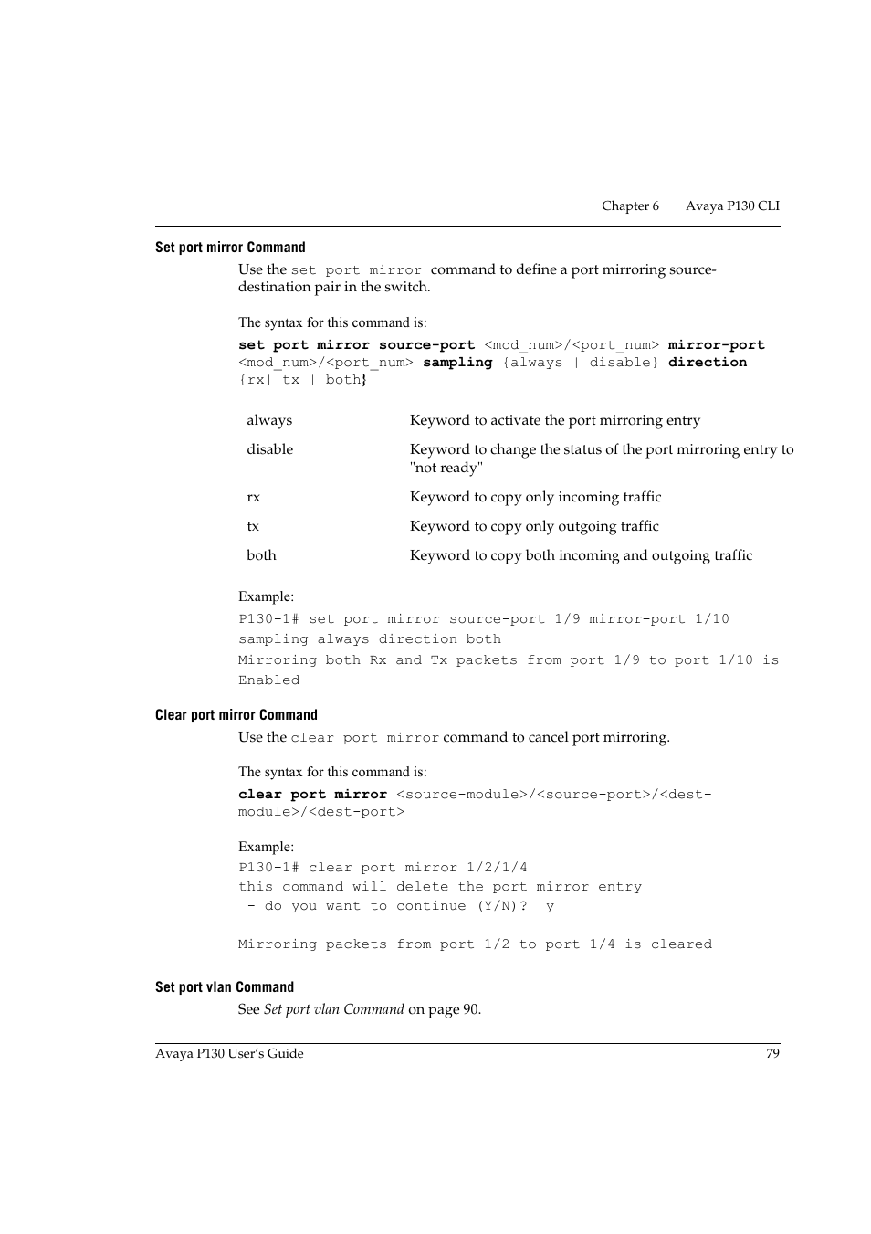 Set port mirror command, Clear port mirror command, Set port vlan command | Avaya P130 User Manual | Page 93 / 160