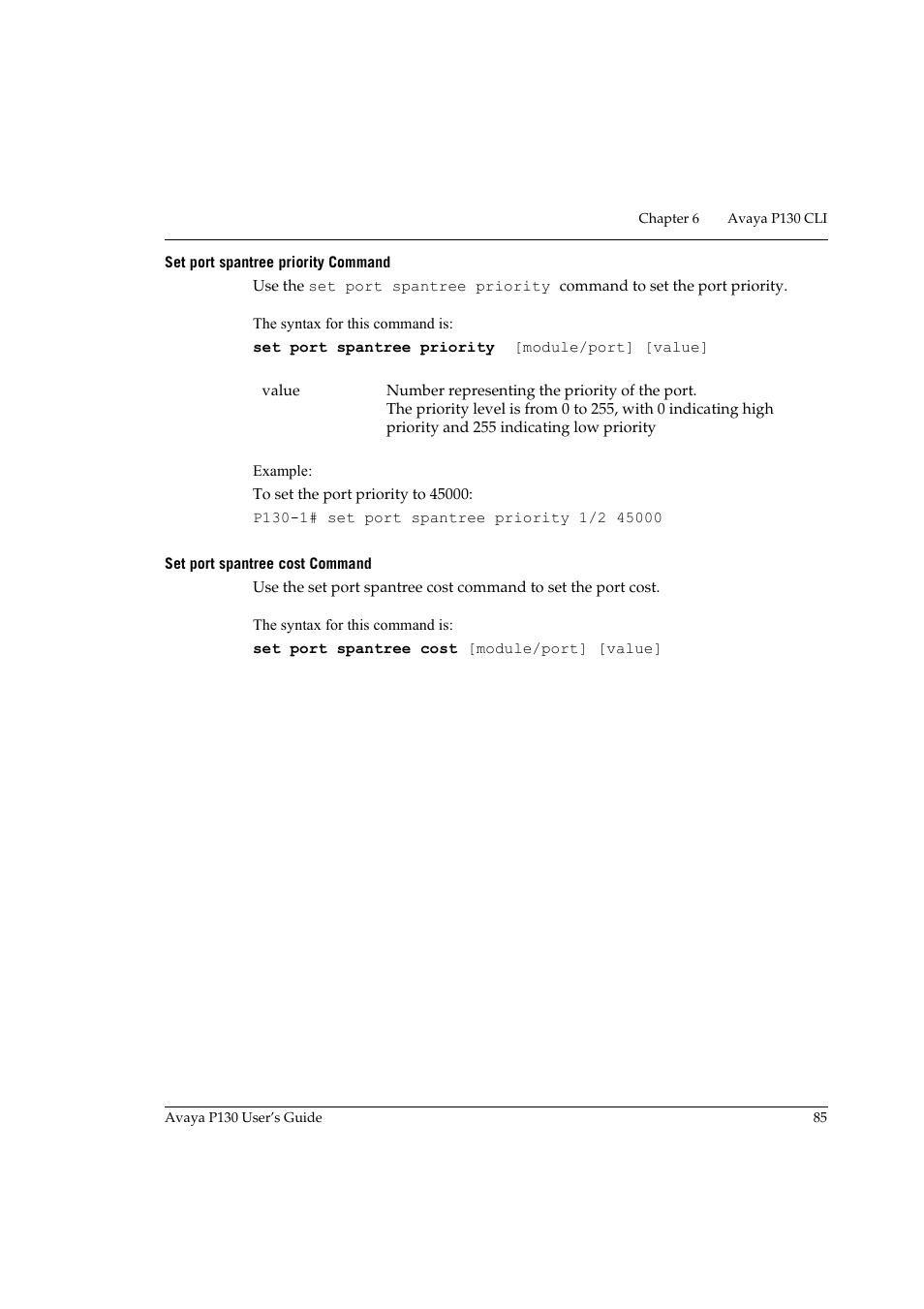 Set port spantree priority command, Set port spantree cost command, Age 87 | Avaya P130 User Manual | Page 99 / 160