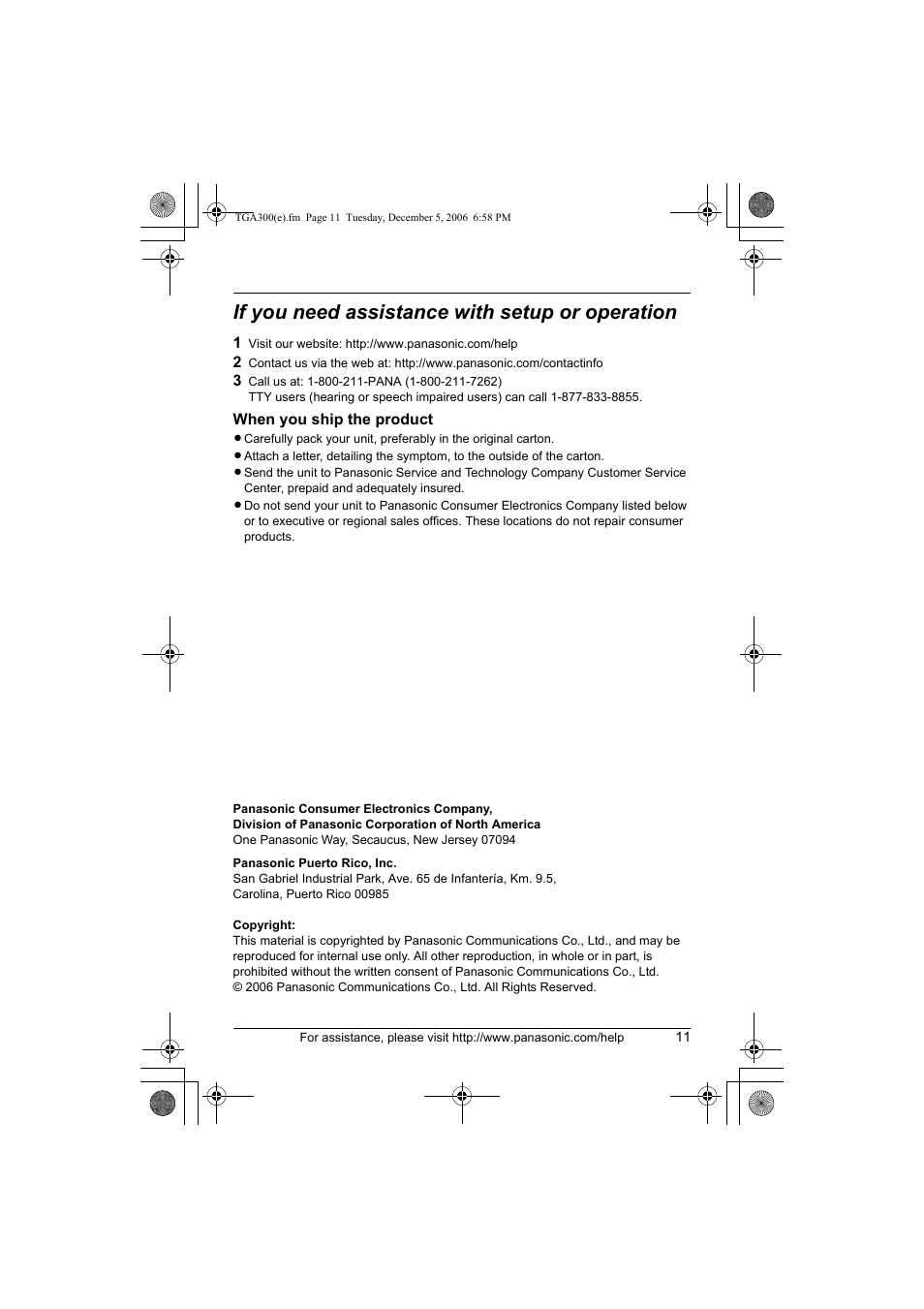 If you need assistance with setup or operation | Panasonic KXTGA300 User Manual | Page 11 / 16