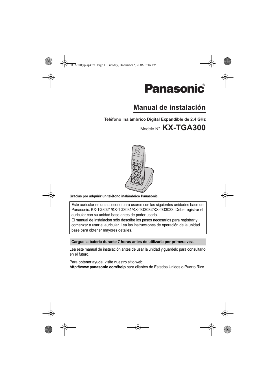 Kx-tga300, Manual de instalación | Panasonic KXTGA300 User Manual | Page 12 / 16