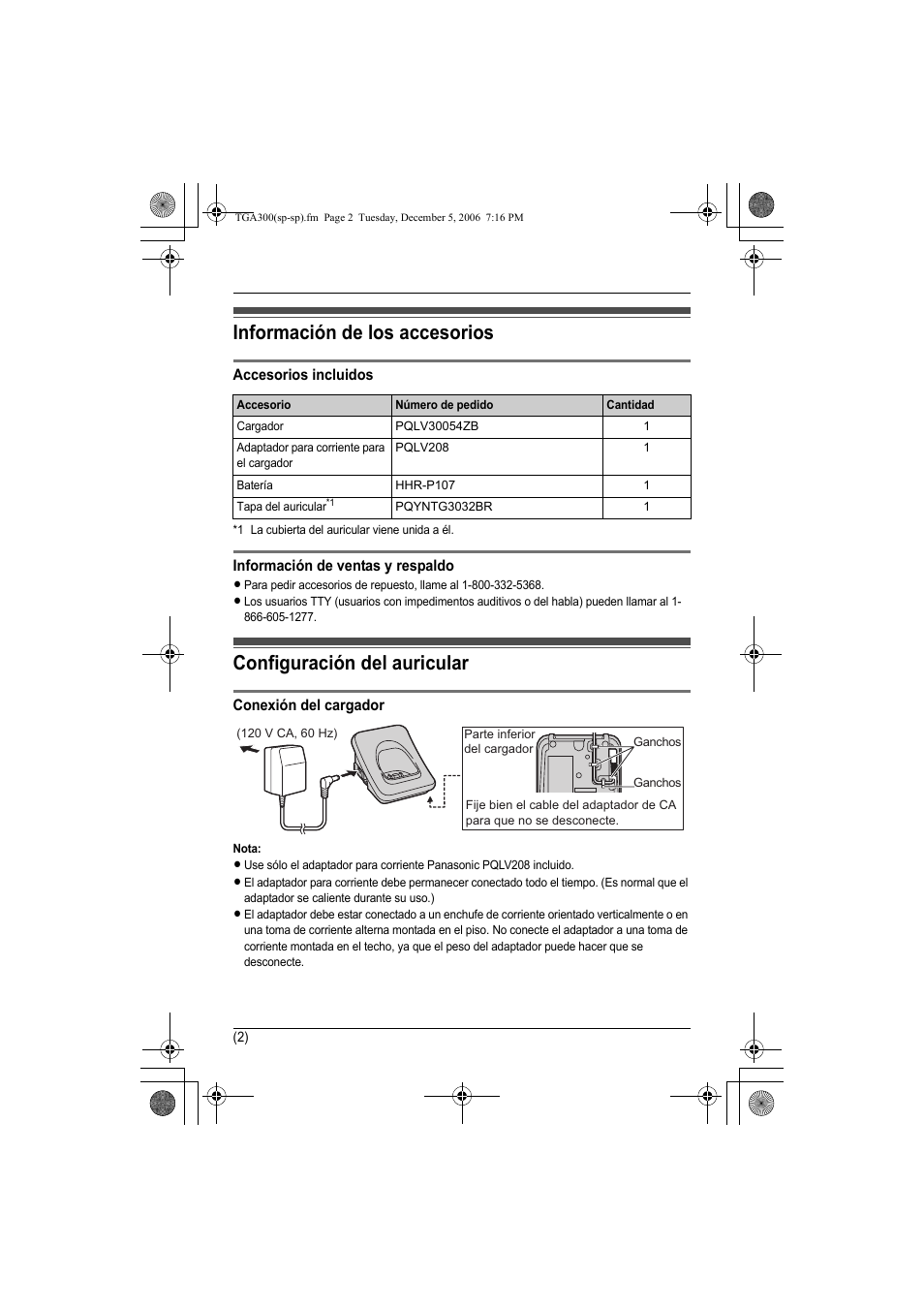 Información de los accesorios, Configuración del auricular | Panasonic KXTGA300 User Manual | Page 13 / 16