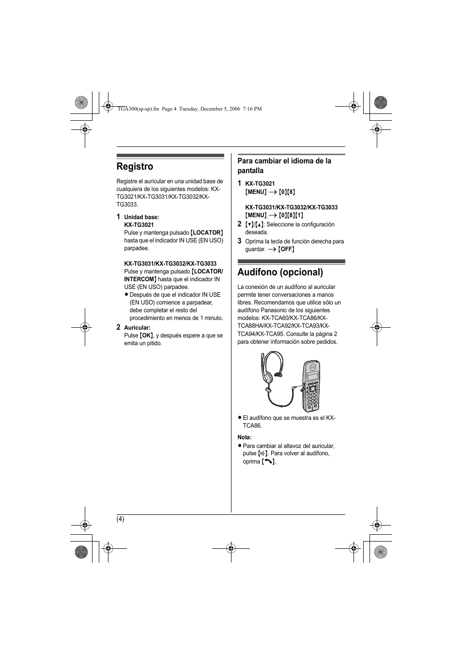 Registro, Audífono (opcional) | Panasonic KXTGA300 User Manual | Page 15 / 16