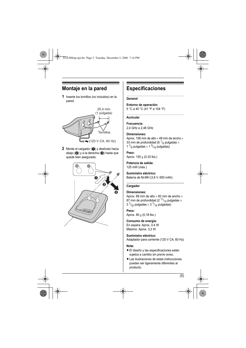 Montaje en la pared, Especificaciones | Panasonic KXTGA300 User Manual | Page 16 / 16