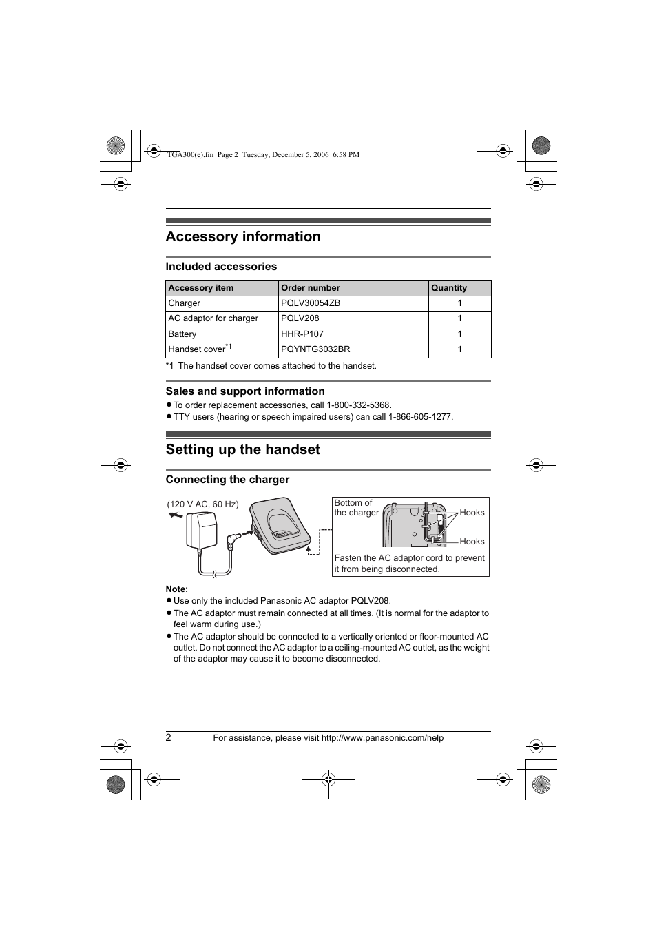Accessory information, Setting up the handset | Panasonic KXTGA300 User Manual | Page 2 / 16