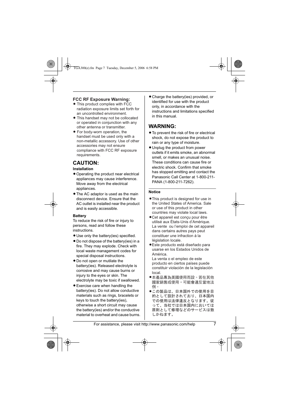 Caution, Warning | Panasonic KXTGA300 User Manual | Page 7 / 16