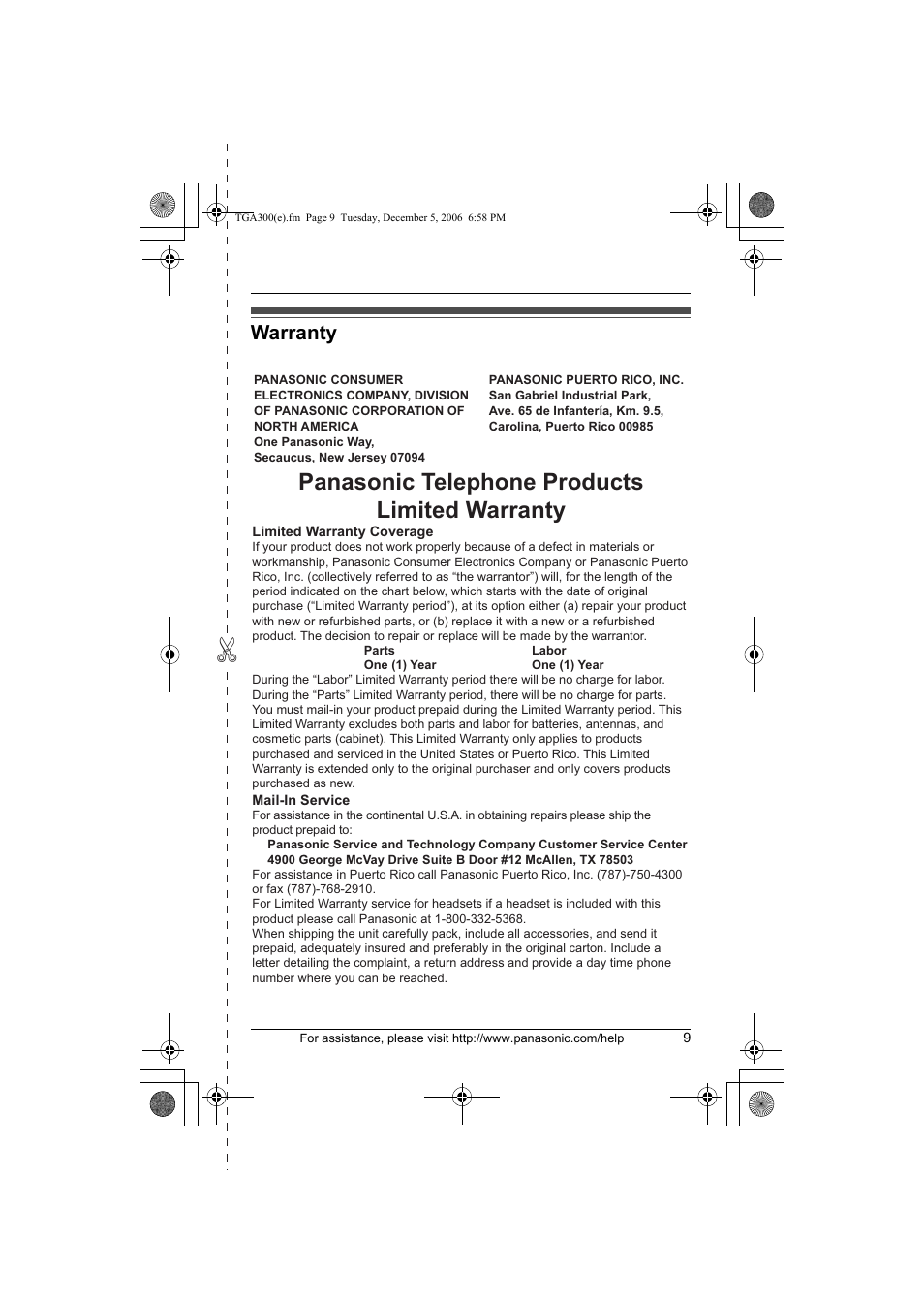 Panasonic telephone products limited warranty, Warranty | Panasonic KXTGA300 User Manual | Page 9 / 16