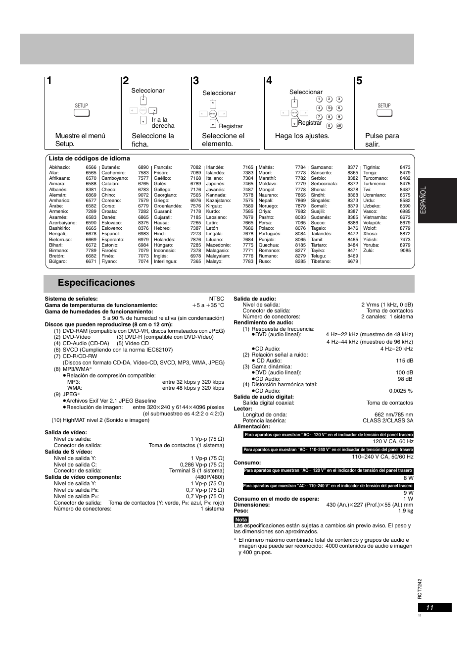 Especificaciones, 11 esp añol | Panasonic DVDS27PX User Manual | Page 11 / 28