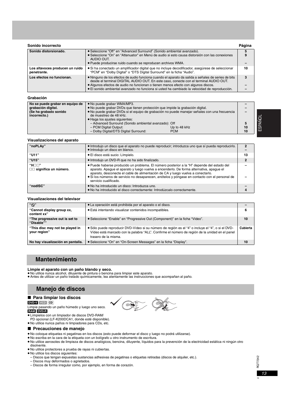 Mantenimiento manejo de discos | Panasonic DVDS27PX User Manual | Page 13 / 28