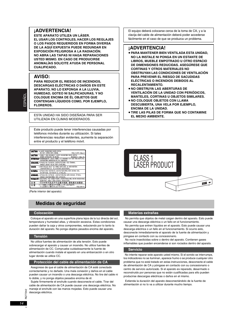 Class 1 laser product, Advertencia, Aviso | Medidas de seguridad | Panasonic DVDS27PX User Manual | Page 14 / 28