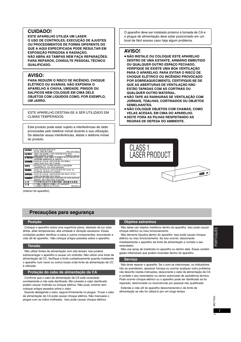 Class 1 laser product, Cuidado, Aviso | Precauções para segurança | Panasonic DVDS27PX User Manual | Page 15 / 28