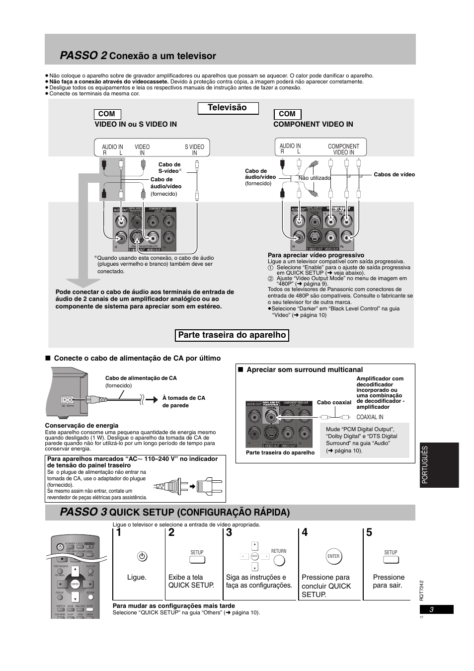 Passo 2, Passo 3, Conexão a um televisor | Quick setup (configuração rápida), Televisão parte traseira do aparelho | Panasonic DVDS27PX User Manual | Page 17 / 28