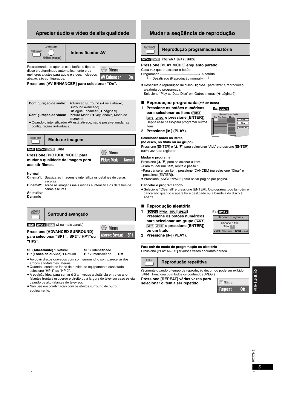 Apreciar áudio e vídeo de alta qualidade, Mudar a seqüência de reprodução | Panasonic DVDS27PX User Manual | Page 19 / 28