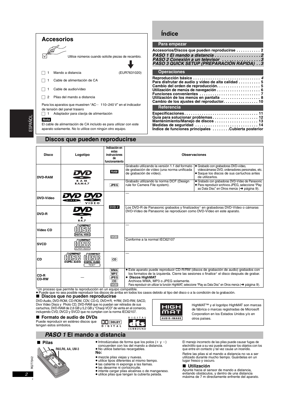 Índice, Accesorios, Discos que pueden reproducirse | Paso 1 el mando a distancia | Panasonic DVDS27PX User Manual | Page 2 / 28