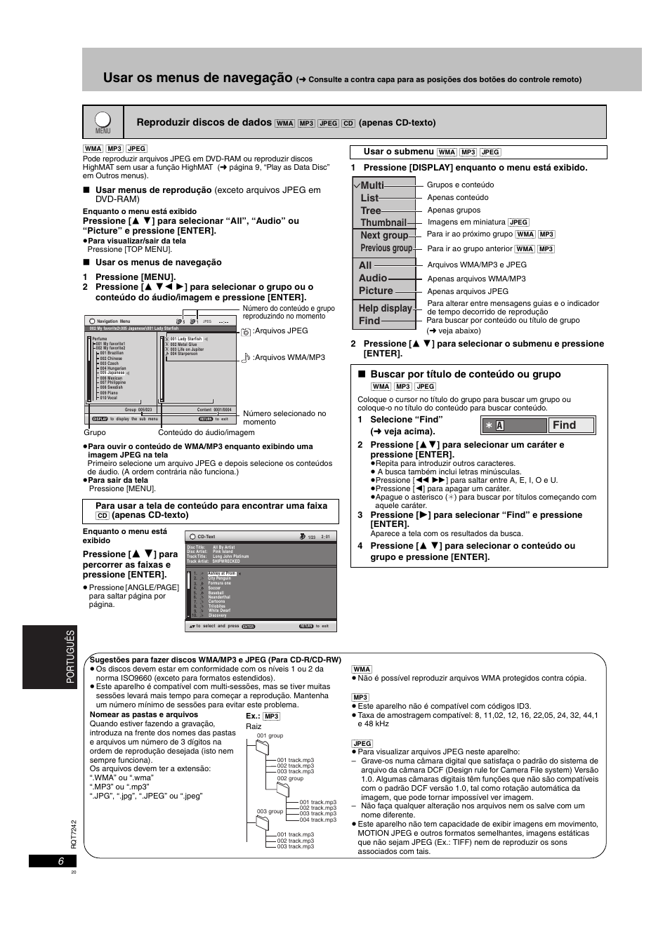 Usar os menus de navegação, Find | Panasonic DVDS27PX User Manual | Page 20 / 28