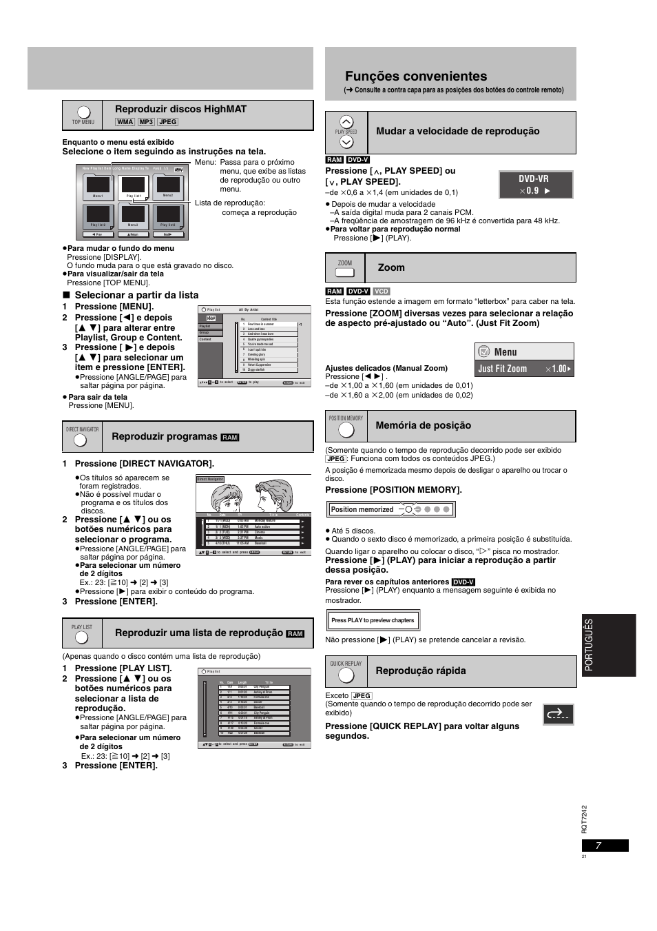 Funções convenientes, 7por tuguês, Selecionar a partir da lista | Reproduzir discos highmat, Reproduzir programas, Reproduzir uma lista de reprodução, Menu just fit zoom, Dvd-vr a 0.9, Selecione o item seguindo as instruções na tela, 1 pressione [direct navigator | Panasonic DVDS27PX User Manual | Page 21 / 28