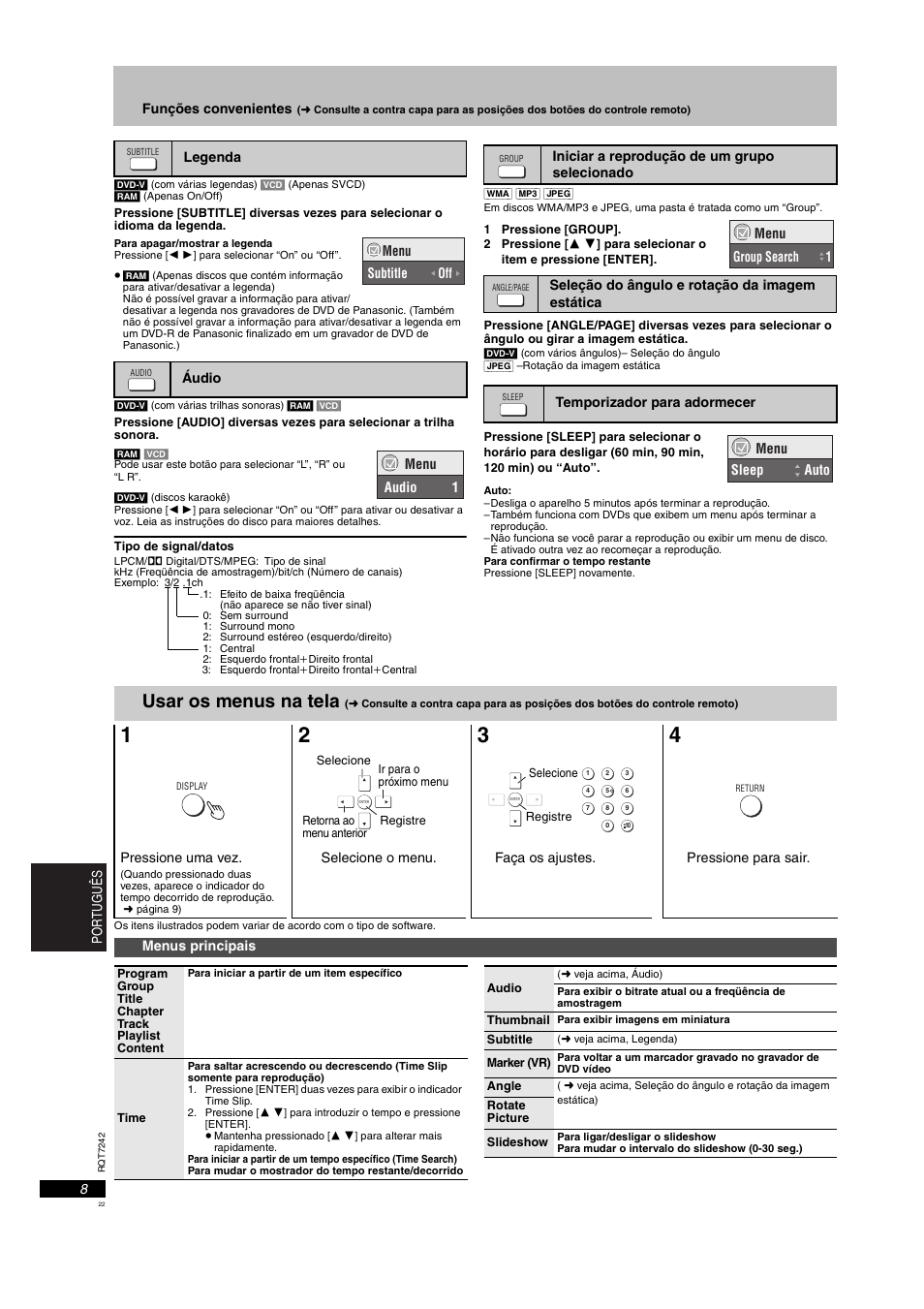 Usar os menus na tela | Panasonic DVDS27PX User Manual | Page 22 / 28