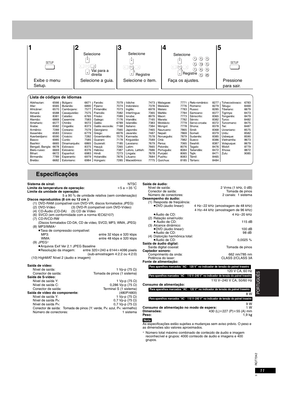 Especificações, 11 por tuguês | Panasonic DVDS27PX User Manual | Page 25 / 28