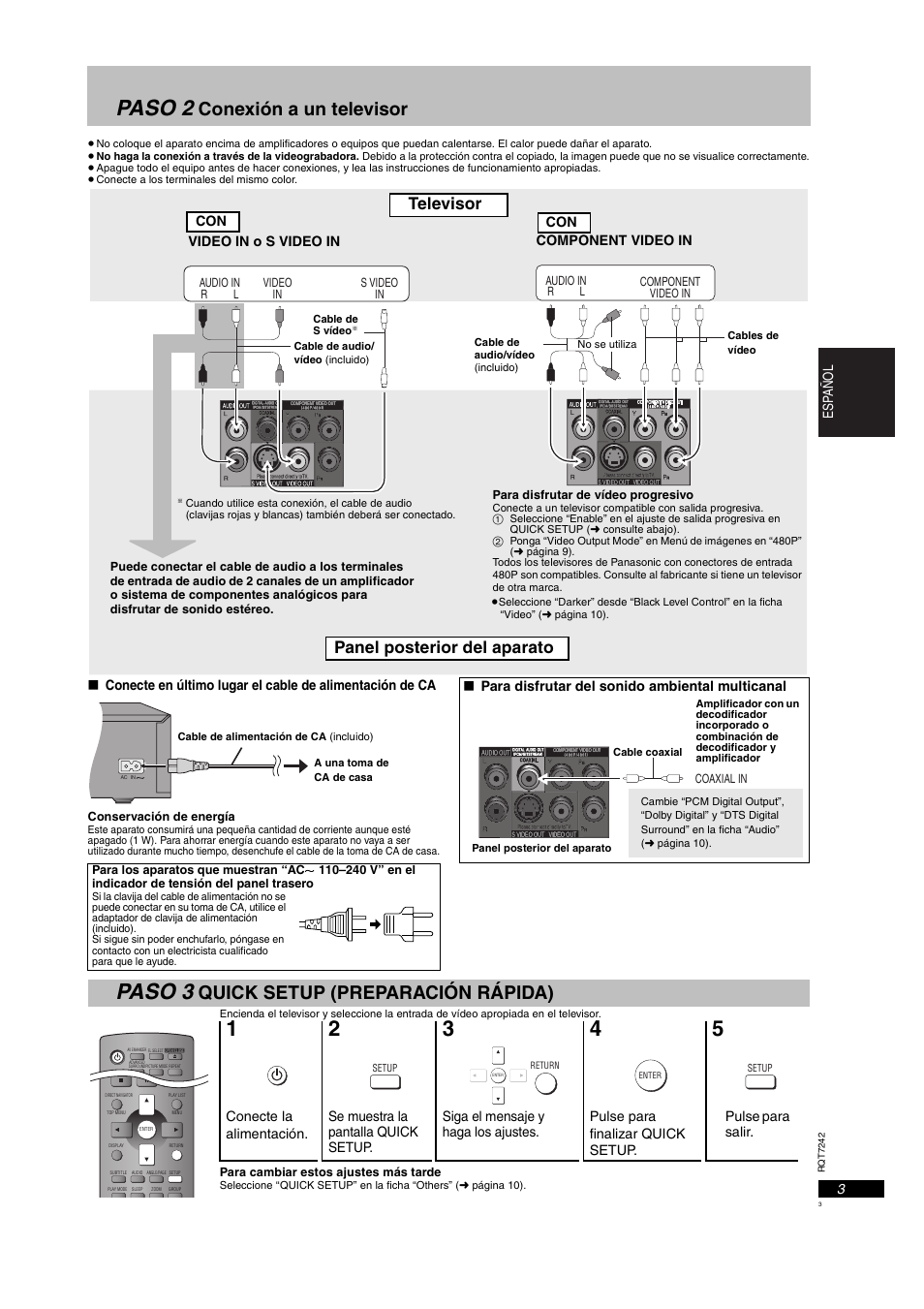 Paso 2, Paso 3, Conexión a un televisor | Quick setup (preparación rápida), Televisor panel posterior del aparato | Panasonic DVDS27PX User Manual | Page 3 / 28