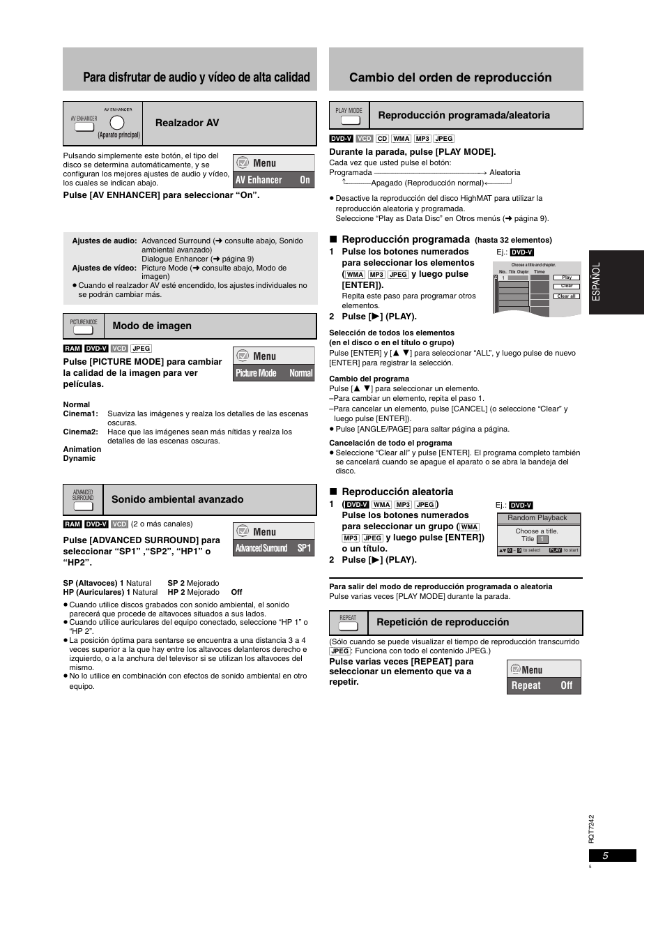 Para disfrutar de audio y vídeo de alta calidad, Cambio del orden de reproducción, 5esp añol | Realzador av, Modo de imagen sonido ambiental avanzado, Menu av enhancer on, Menu picture mode normal, Menu advanced surround sp 1, Reproducción programada, Reproducción aleatoria | Panasonic DVDS27PX User Manual | Page 5 / 28