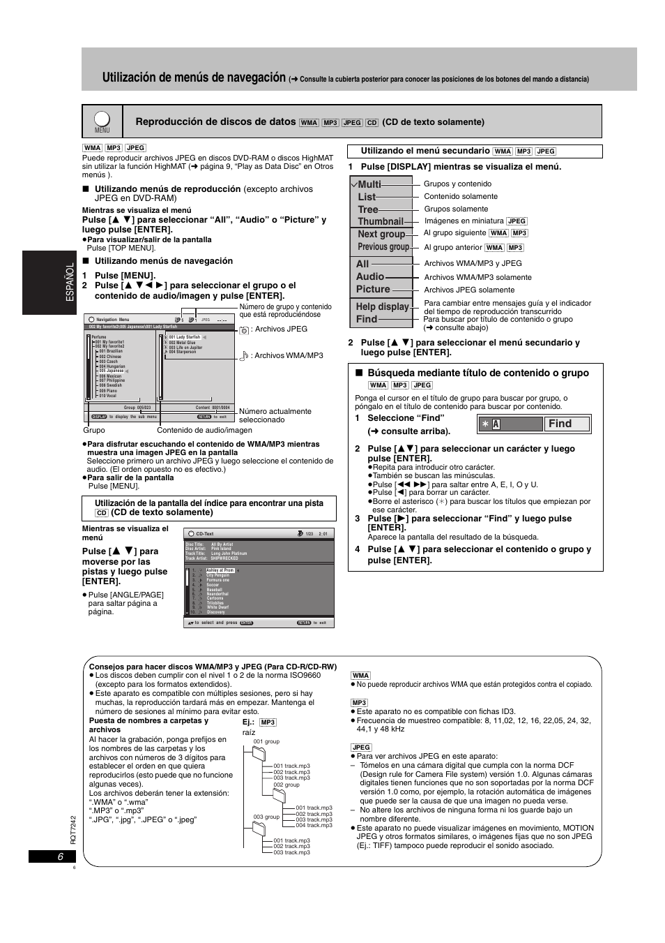 Utilización de menús de navegación, Find | Panasonic DVDS27PX User Manual | Page 6 / 28