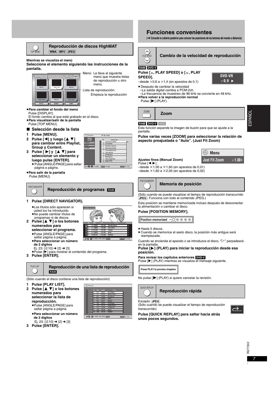 Funciones convenientes, 7esp añol, Selección desde la lista | Reproducción de discos highmat, Reproducción de programas, Reproducción de una lista de reproducción, Menu just fit zoom, Dvd-vr a 0.9, 1 pulse [direct navigator, 3 pulse [enter | Panasonic DVDS27PX User Manual | Page 7 / 28