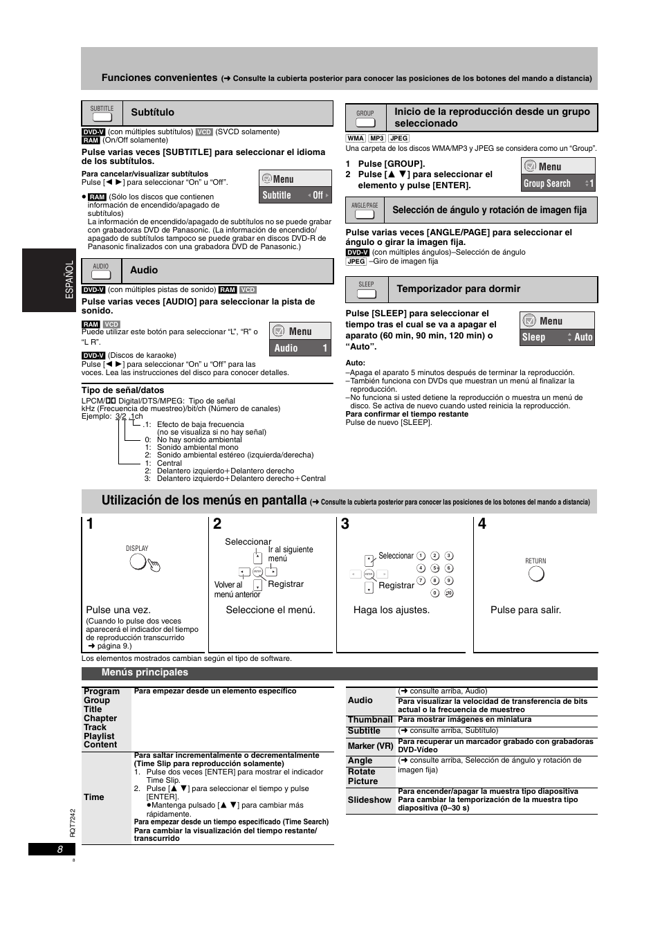 Utilización de los menús en pantalla | Panasonic DVDS27PX User Manual | Page 8 / 28