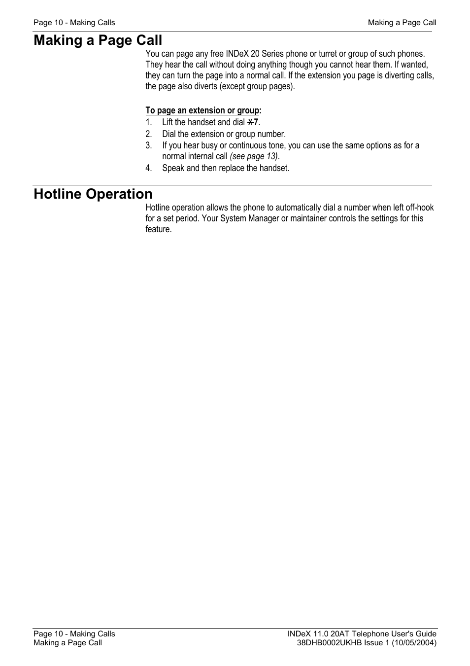 Hotline operation, Making a page call | Avaya INDeX 11.0 User Manual | Page 10 / 26