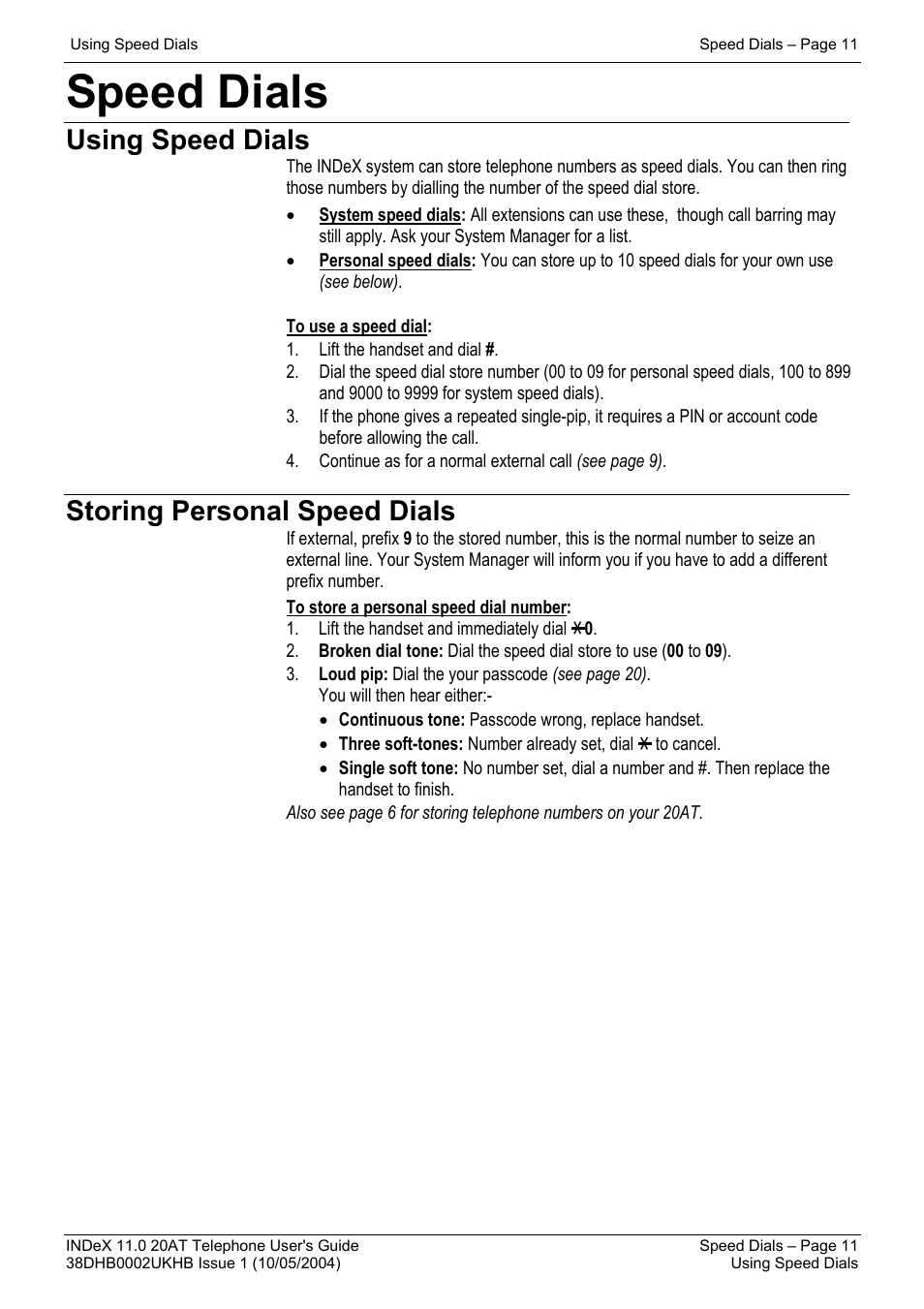 Speed dials, Using speed dials, Storing personal speed dials | Avaya INDeX 11.0 User Manual | Page 11 / 26