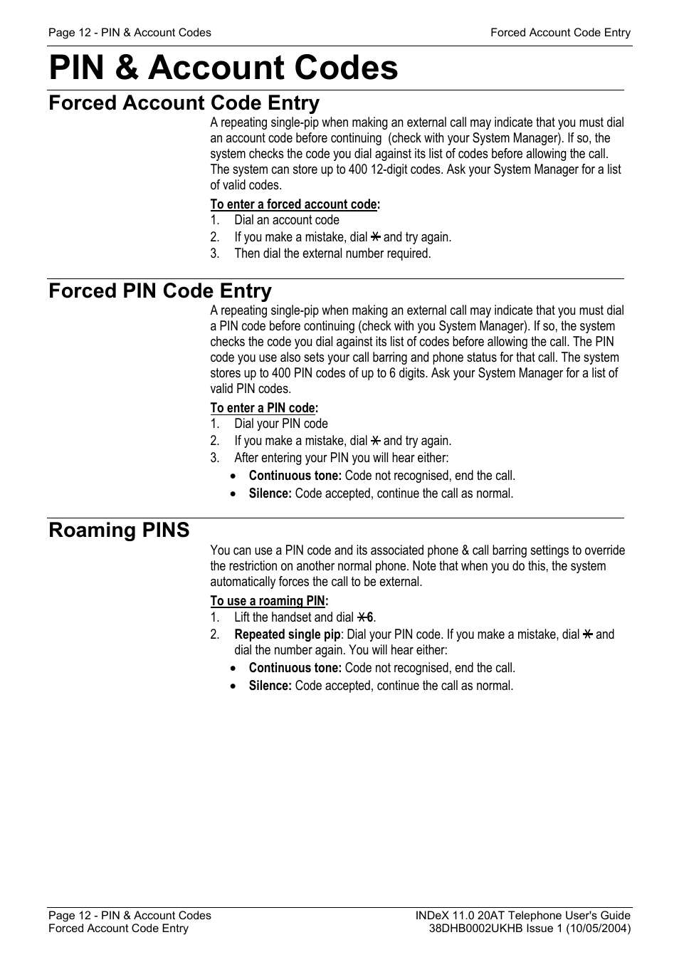 Pin & account codes, Forced account code entry, Forced pin code entry | Roaming pins | Avaya INDeX 11.0 User Manual | Page 12 / 26