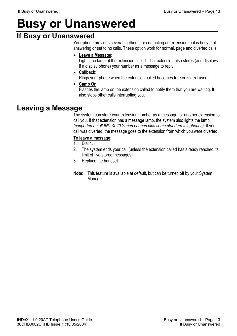 Busy or unanswered, If busy or unanswered, Leaving a message | Avaya INDeX 11.0 User Manual | Page 13 / 26