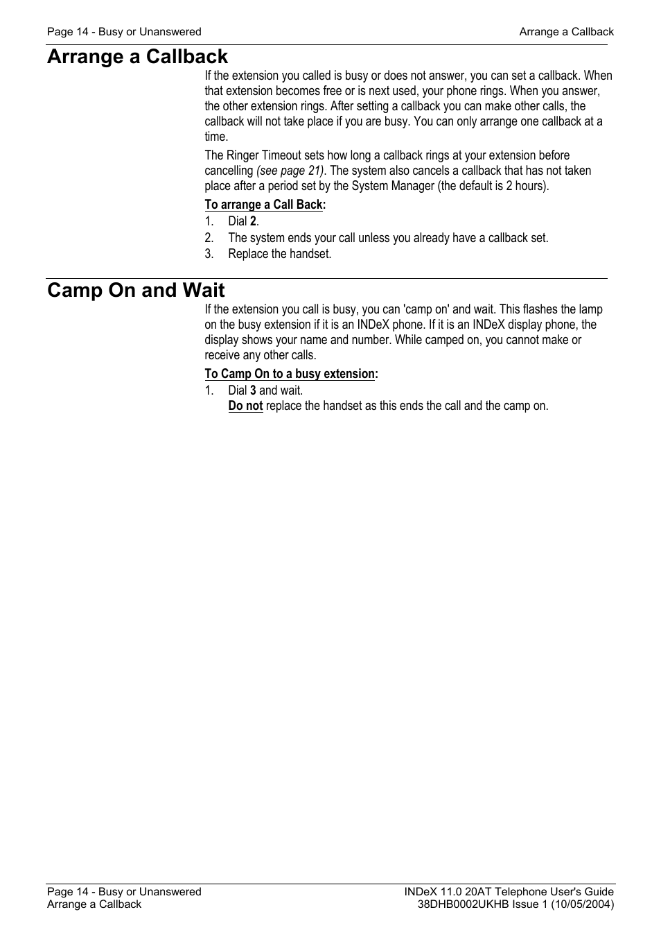 Arrange a callback, Camp on and wait | Avaya INDeX 11.0 User Manual | Page 14 / 26