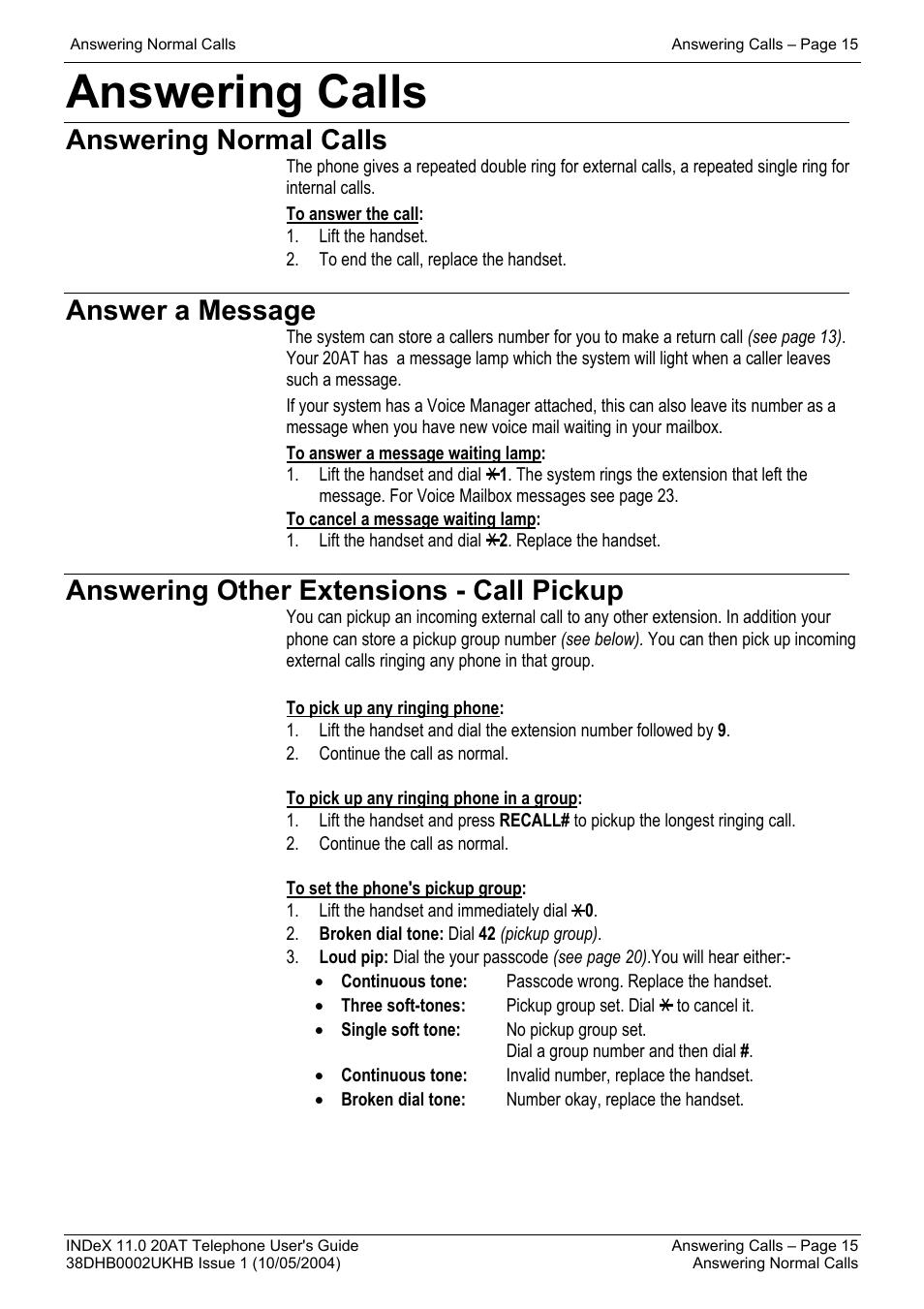 Answering calls, Answering normal calls, Answer a message | Answering other extensions - call pickup | Avaya INDeX 11.0 User Manual | Page 15 / 26