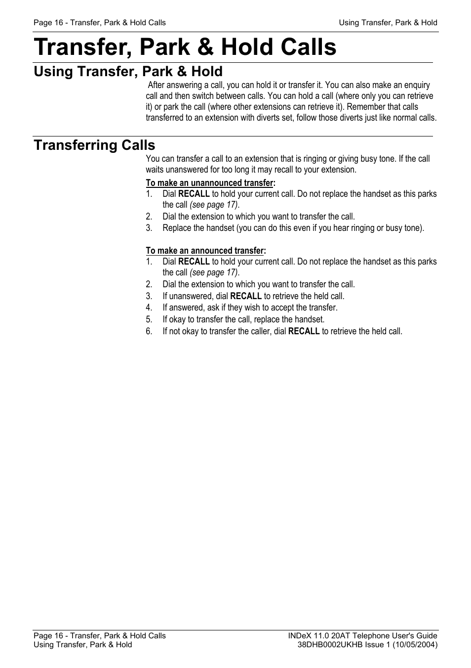 Transfer, park & hold calls, Using transfer, park & hold, Transferring calls | Avaya INDeX 11.0 User Manual | Page 16 / 26