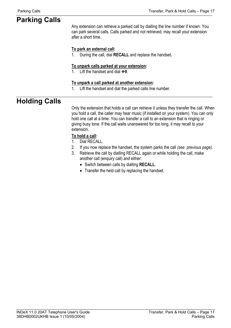 Parking calls, Holding calls | Avaya INDeX 11.0 User Manual | Page 17 / 26